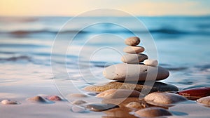 Serene Beach Zen Stones Stacked in Balance. Generative ai