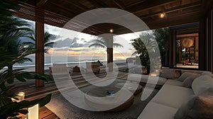 Serene Beachfront Lounge at Sunset Wooden Structure, Ocean View, Comfortable Seating photo