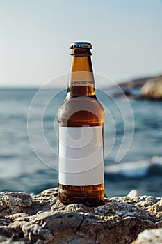 Serene Beachside With Single Beer Bottle on Rocky Shore