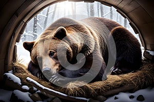 A serene bear rests in a cozy den amidst a snowy forest, basking in the gentle sunlight. hibernation concept.