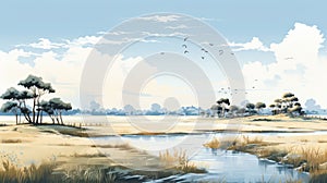 Serene Beauty Of Asia\'s Prairie Landscape: A Panoramic Illustration