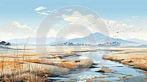 Serene Beauty Of Asia\'s Prairie Landscape: A Panoramic Illustration