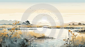 Serene Beauty Of Asia\'s Prairie Landscape: A Panoramic Illustration