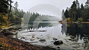 Serene Beauty A Hazy Romantic View Of A Forest Lake