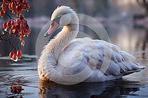 serene beauty of winter with this minimalist photo concept, featuring trees, a graceful swan on a frozen lake