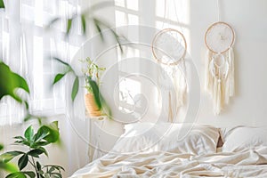 Serene Bedroom Interior With Dream Catcher and Soft Natural Light