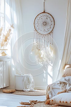 Serene Bedroom Interior With Dream Catcher and Soft Natural Light