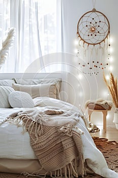 Serene Bedroom Interior With Dream Catcher and Soft Natural Light