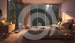 A serene bedroom with neon lights resembling a peaceful forest at sunset, infusing the room with a sense of calm and