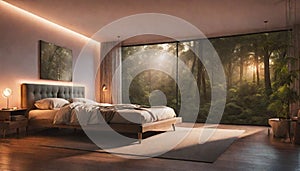 A serene bedroom with neon lights resembling a peaceful forest at sunset, infusing the room with a sense of calm and