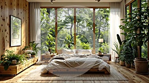 Serene Bedroom Overlooking Woods in Daylight