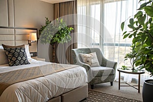 Serene bedroom with bed, pillows and greenery in corner