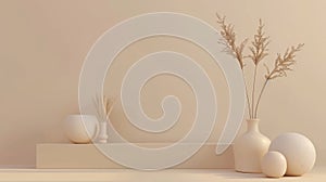 Serene Beige Still Life with Vases and Dried Grass Decor