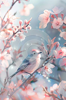 Serene Bird Perched Among Blossoming Flowers on a Misty Morning