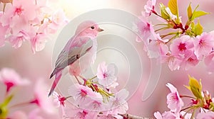 Serene Bird Perched Among Pink Blossoms