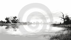 Serene Black And White Boat On Shore Digital Painting