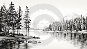 Serene Black And White Hand-drawn Sketch Of Pine Trees On A Lake