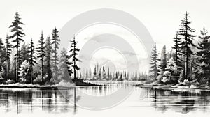 Serene Black And White Pine Tree Sketch On Water