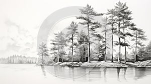 Serene Black And White Sketch Of Pine Trees Along Water