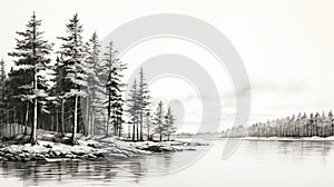Serene Black And White Sketch Of Pine Trees Along Water