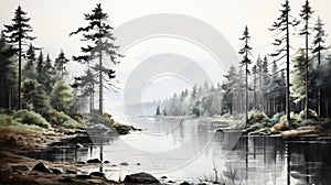 Serene Black And White Watercolor Painting Of Pine Trees By A Lake