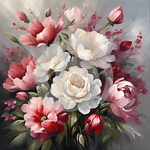Serene Blossom Harmony: Realistic Oil Painting of Vibrant Floral Arrangement photo