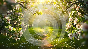 Serene Blossom-Lined Path in Springtime. Sunlight Filtering Through Leaves. A Peaceful Walk in Nature. Ideal for