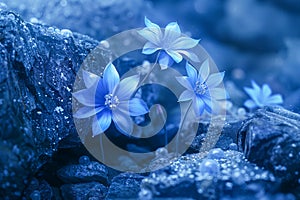 Serene Blue Flowers on Rocks with Dew Drops Tranquil Nature Scene for Peaceful Background or Wallpaper