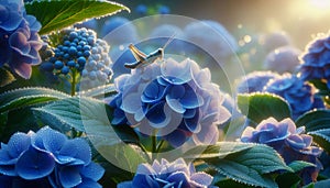 A serene blue hydrangea with dew, a grasshopper on a leaf, early morning light. photo