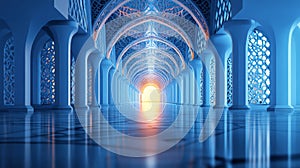 Serene Blue Mosque Hallway Leading to Light