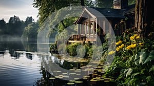 A serene boathouse nestled at the lake\'s edge amidst verdant