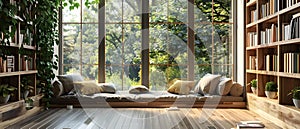 Serene Book Haven: Sunlit Window Seat & Verdant Views. Concept Vintage Book Collection, Reading