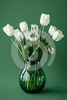 A serene bouquet of white tulips stands gracefully in a transparent green vase