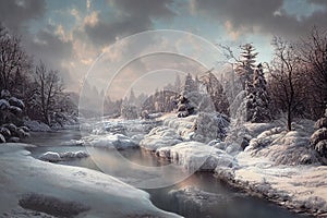 A serene and breathtaking winter scene depicting a frozen river and forest, showcasing the stillness and tranquility of the winter