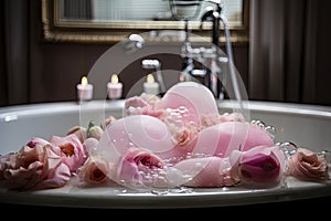 serene bubble bath with rose-scented foam on the water