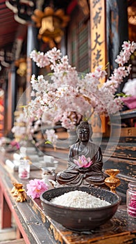 Serene Buddha Statue with Cherry Blossoms at Traditional Japanese Temple Altar