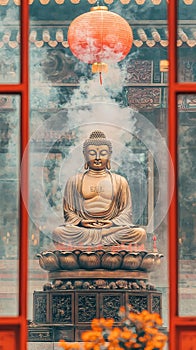 Serene Buddha Statue with Incense Smoke Amidst Vibrant Chinese New Year Decor. Concept of tranquility, cultural photo