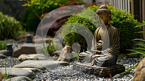 Serene Buddha Statue in Peaceful Garden Setting.