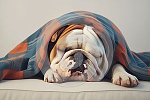 Serene bulldog snoozes beneath a cozy blanket, blissfully at rest