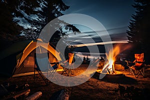 Serene campfire with burning wood, people in chairs, and camping tent amidst the forest beauty