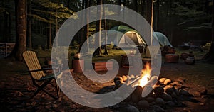 A serene campsite with a campfire and camping chairs offers a peaceful retreat in nature. Generative AI