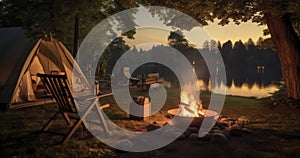 A serene campsite with a campfire and camping chairs offers a peaceful retreat in nature. Generative AI
