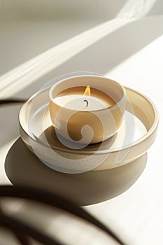 Serene Candle on a White Windowsill Basking in Soft Morning Light