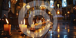 Serene Candlelit Interior of Ornate Church with Iconography photo