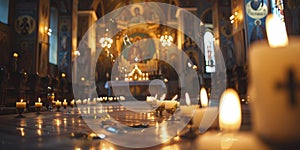 Serene Candlelit Orthodox Cathedral Interior in Soft Focus photo