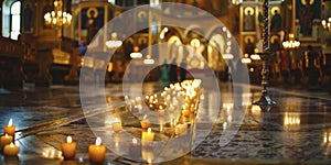 Serene Candlelit Orthodox Church Interior with Golden Iconography photo