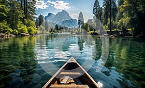 Serene canoe trip on a forested mountain lake