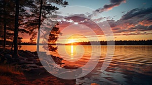 The sun is setting over a lake with rocks and trees