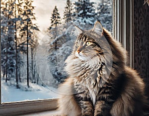 Serene cat gazing at wintry landscape