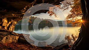 Serene Cave With Water And Fall Leaves: Uhd Image With Golden Light